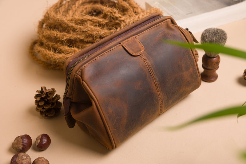 Personalised Engraved Brown Leather Wash Bag