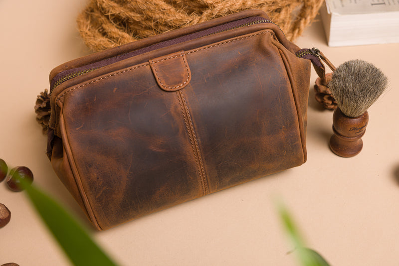Personalised Engraved Brown Leather Wash Bag