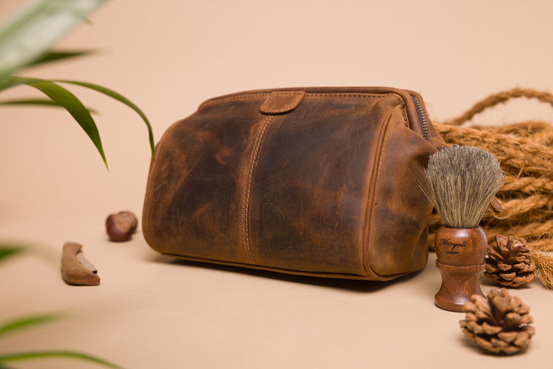 Personalised Engraved Brown Leather Wash Bag