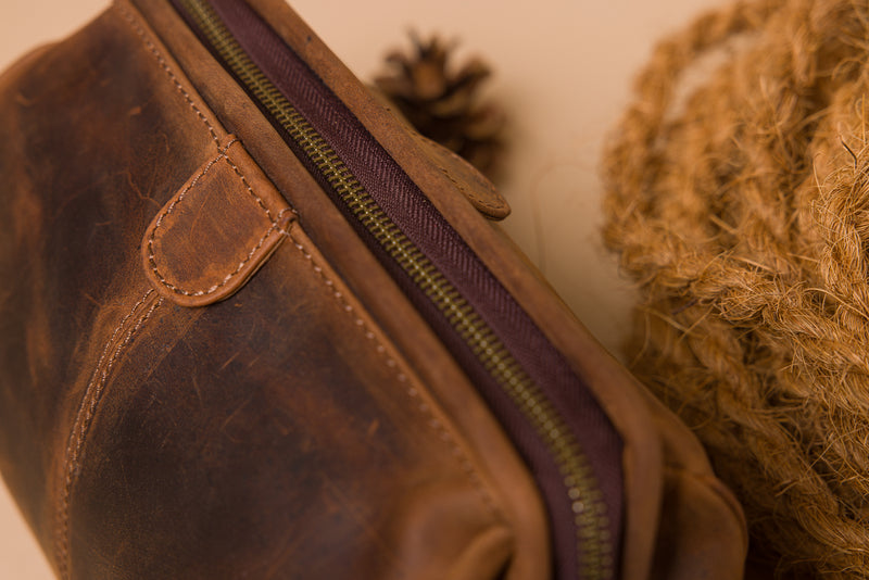 Personalised Engraved Brown Leather Wash Bag
