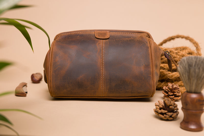 Personalised Engraved Brown Leather Wash Bag