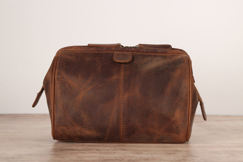 Personalised Engraved Brown Leather Wash Bag