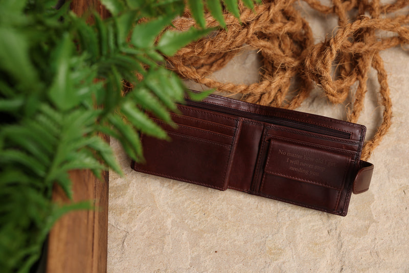 Personalised Engraved Dark Brown Bifold Leather Wallet With Coin Pocket