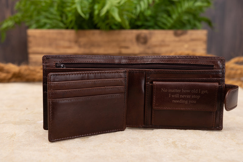 Personalised Engraved Dark Brown Bifold Leather Wallet With Coin Pocket