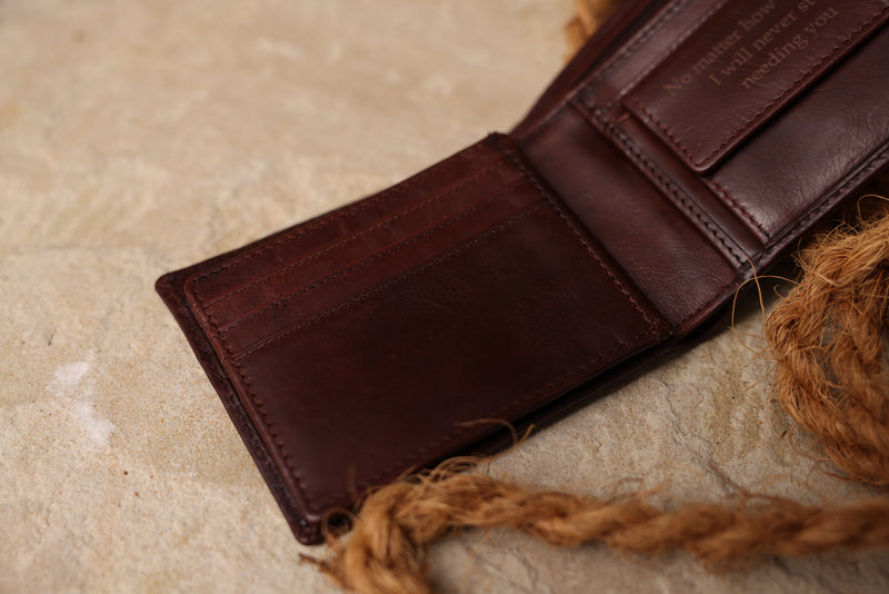 Personalised Engraved Dark Brown Bifold Leather Wallet With Coin Pocket