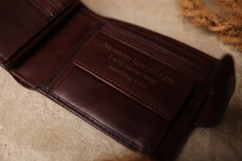 Personalised Engraved Dark Brown Bifold Leather Wallet With Coin Pocket