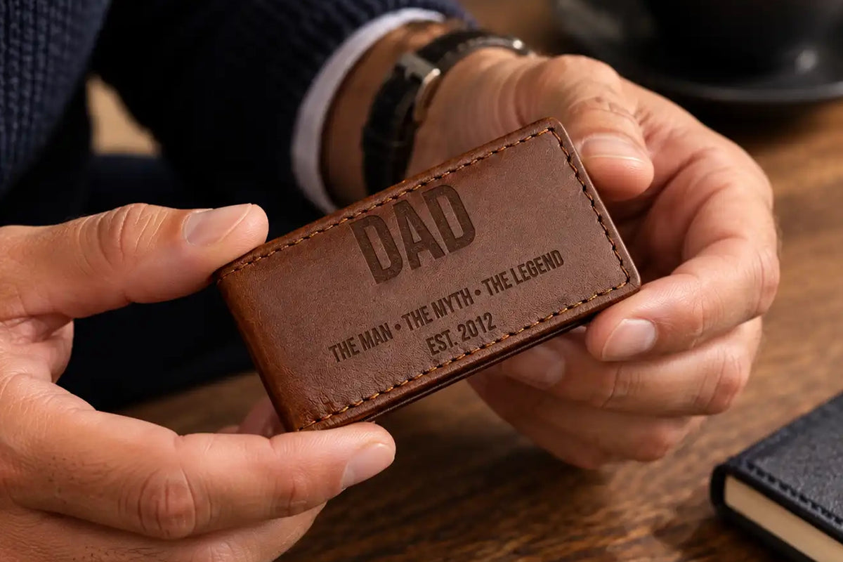 Personalised cognac leather money clip wallet for men with engraved initials