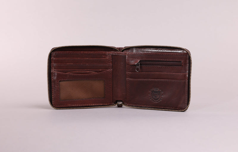 Personalised Engraved Dark Brown Bifold Zip Around Leather Wallet