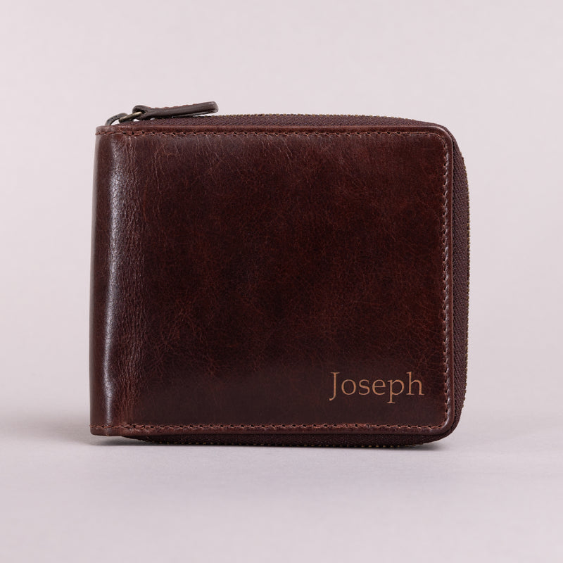 Personalised Engraved Dark Brown Bifold Zip Around Leather Wallet