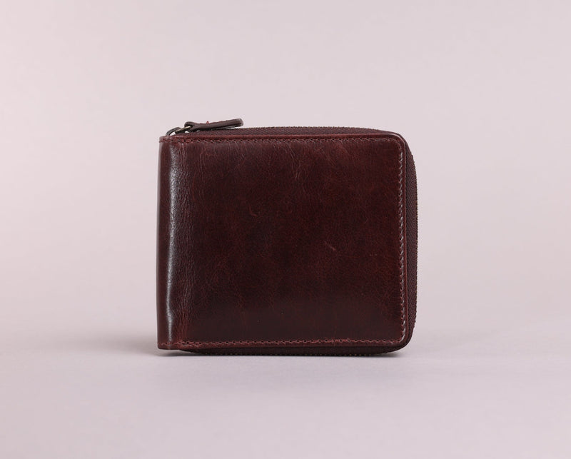 Personalised Engraved Dark Brown Bifold Zip Around Leather Wallet