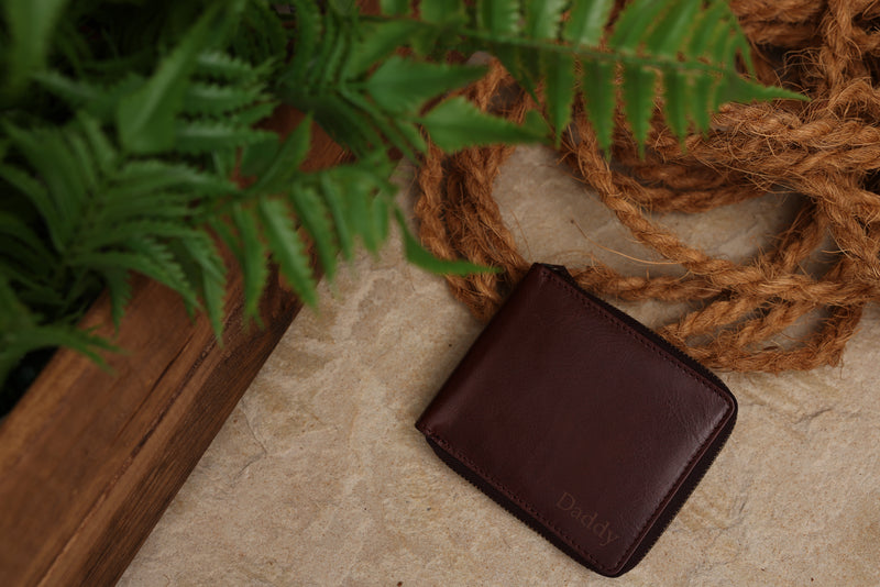 Personalised Engraved Dark Brown Bifold Zip Around Leather Wallet