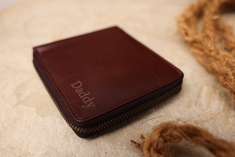 Personalised Engraved Dark Brown Bifold Zip Around Leather Wallet