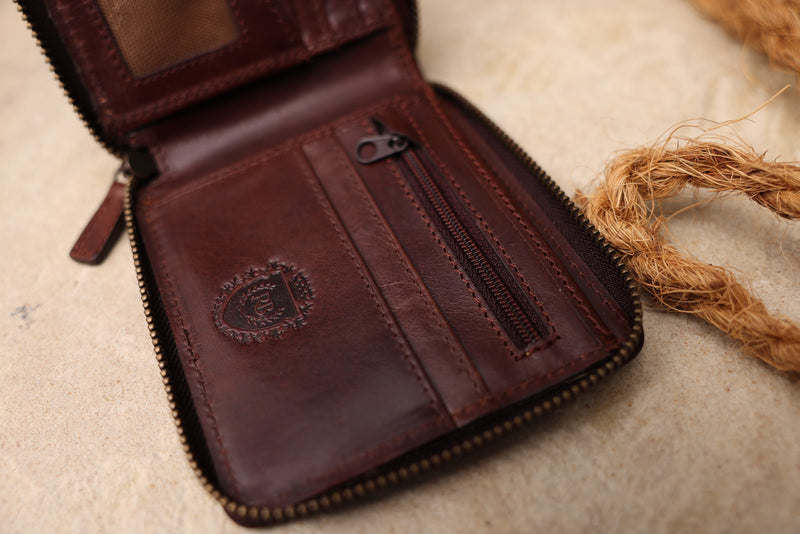 Personalised Engraved Dark Brown Bifold Zip Around Leather Wallet