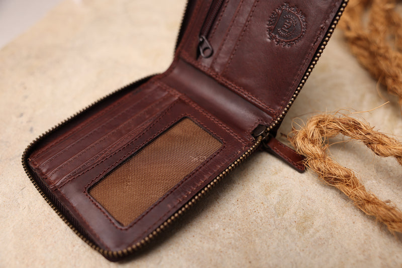Personalised Engraved Dark Brown Bifold Zip Around Leather Wallet