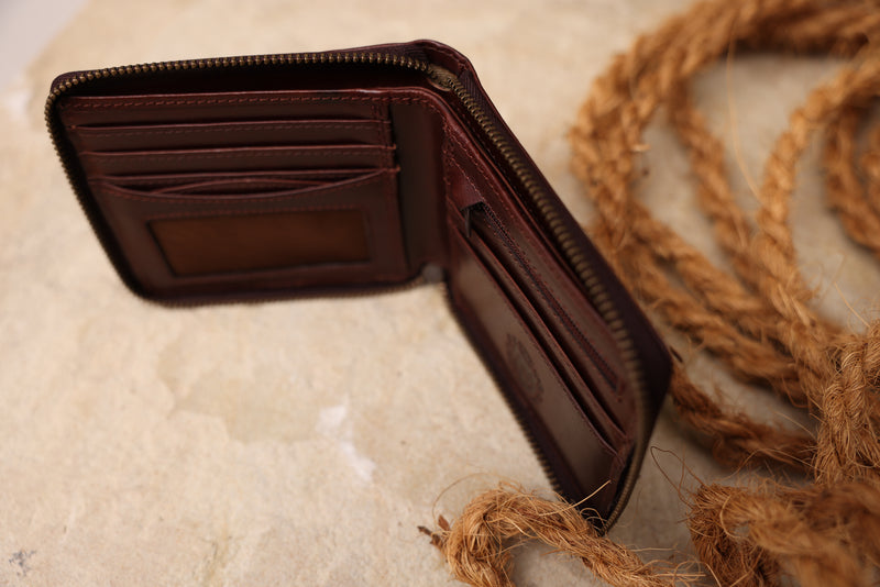 Personalised Engraved Dark Brown Bifold Zip Around Leather Wallet