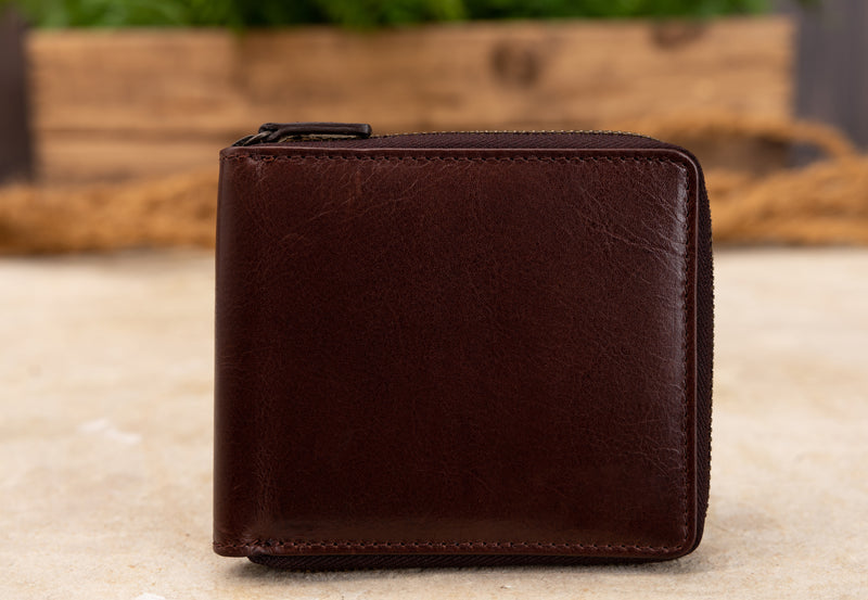 Personalised Engraved Dark Brown Bifold Zip Around Leather Wallet