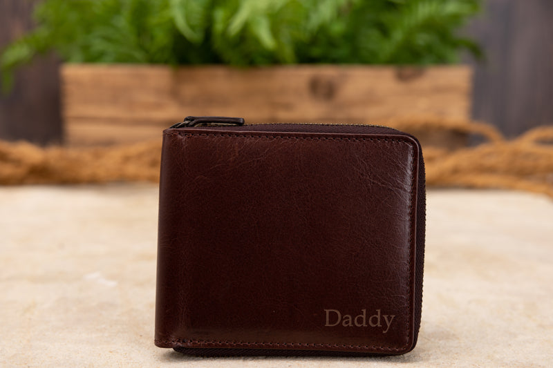 Personalised Engraved Dark Brown Bifold Zip Around Leather Wallet