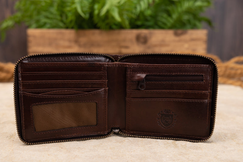 Personalised Engraved Dark Brown Bifold Zip Around Leather Wallet