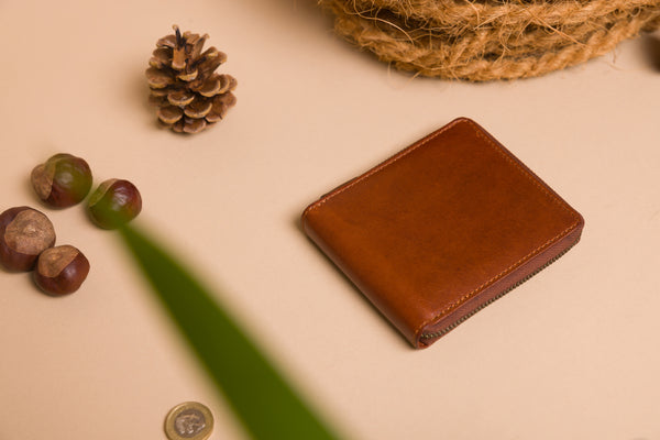 Personalised Engraved Cognac Bifold Zip Around Leather Wallet
