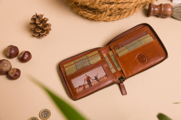 Personalised Engraved Cognac Bifold Zip Around Leather Wallet