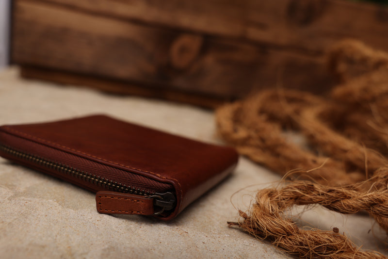 Personalised Engraved Cognac Bifold Zip Around Leather Wallet