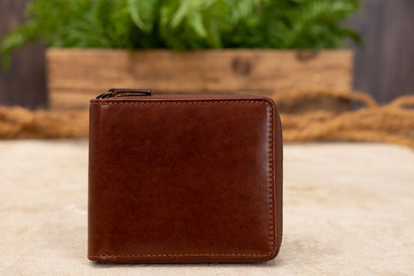 Personalised Engraved Cognac Bifold Zip Around Leather Wallet