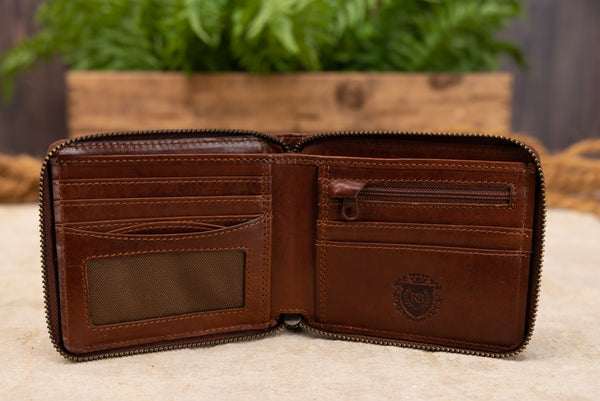 Personalised Engraved Cognac Bifold Zip Around Leather Wallet
