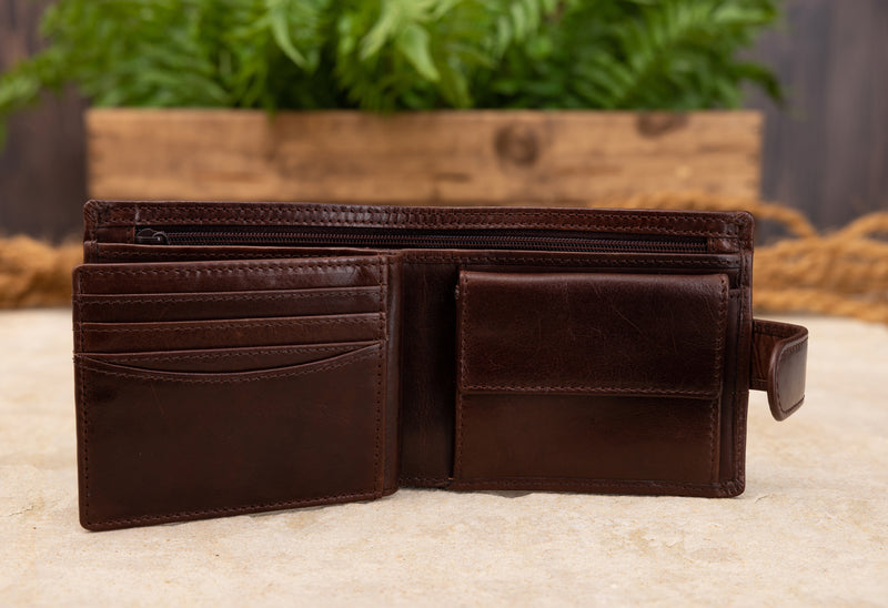 Personalised Engraved Dark Brown Bifold Leather Wallet With Coin Pocket & Credit Card Slots