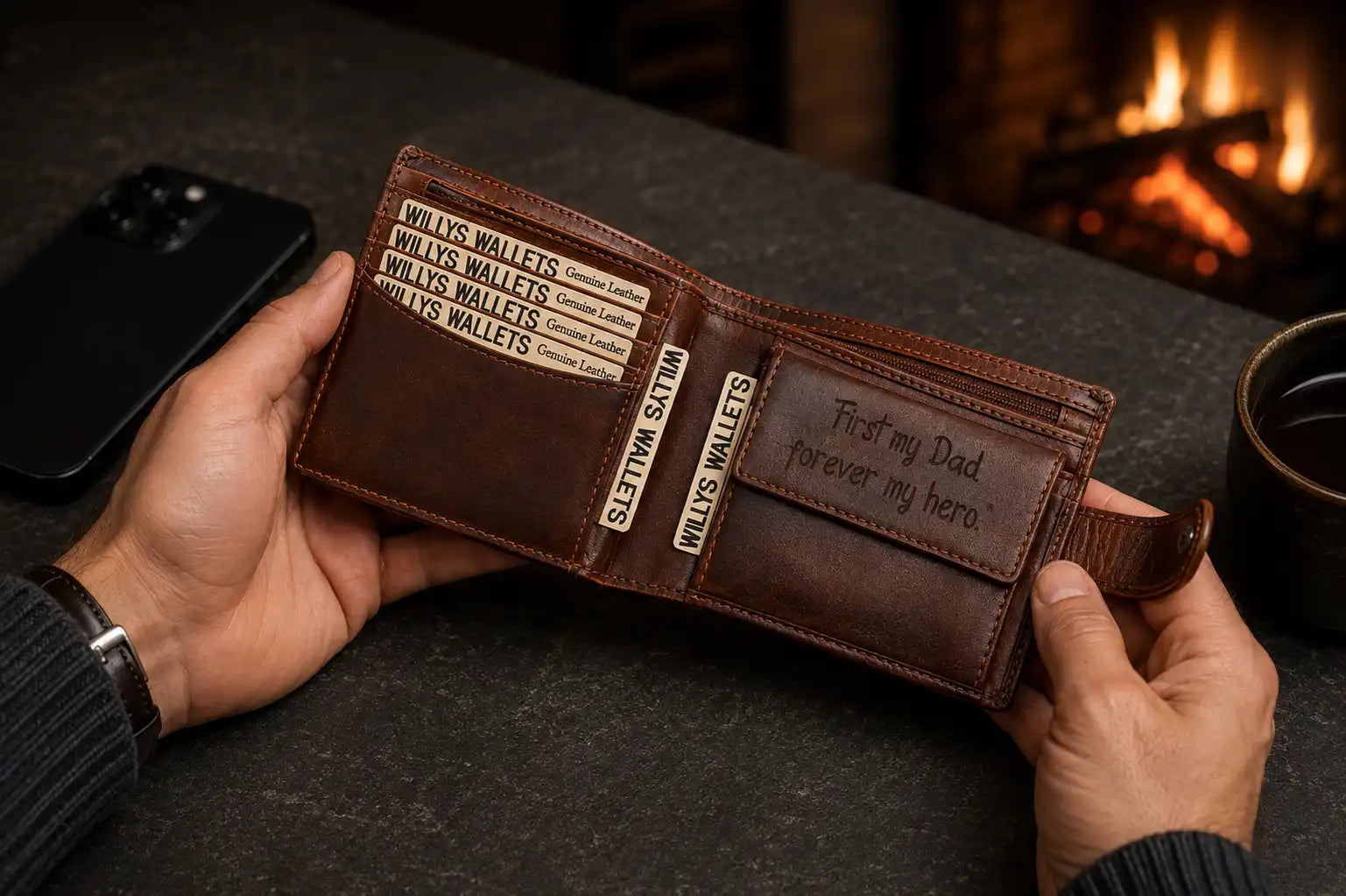 Personalised Cognac Leather Wallet – Bifold with Coin Pocket & RFID Card Slots