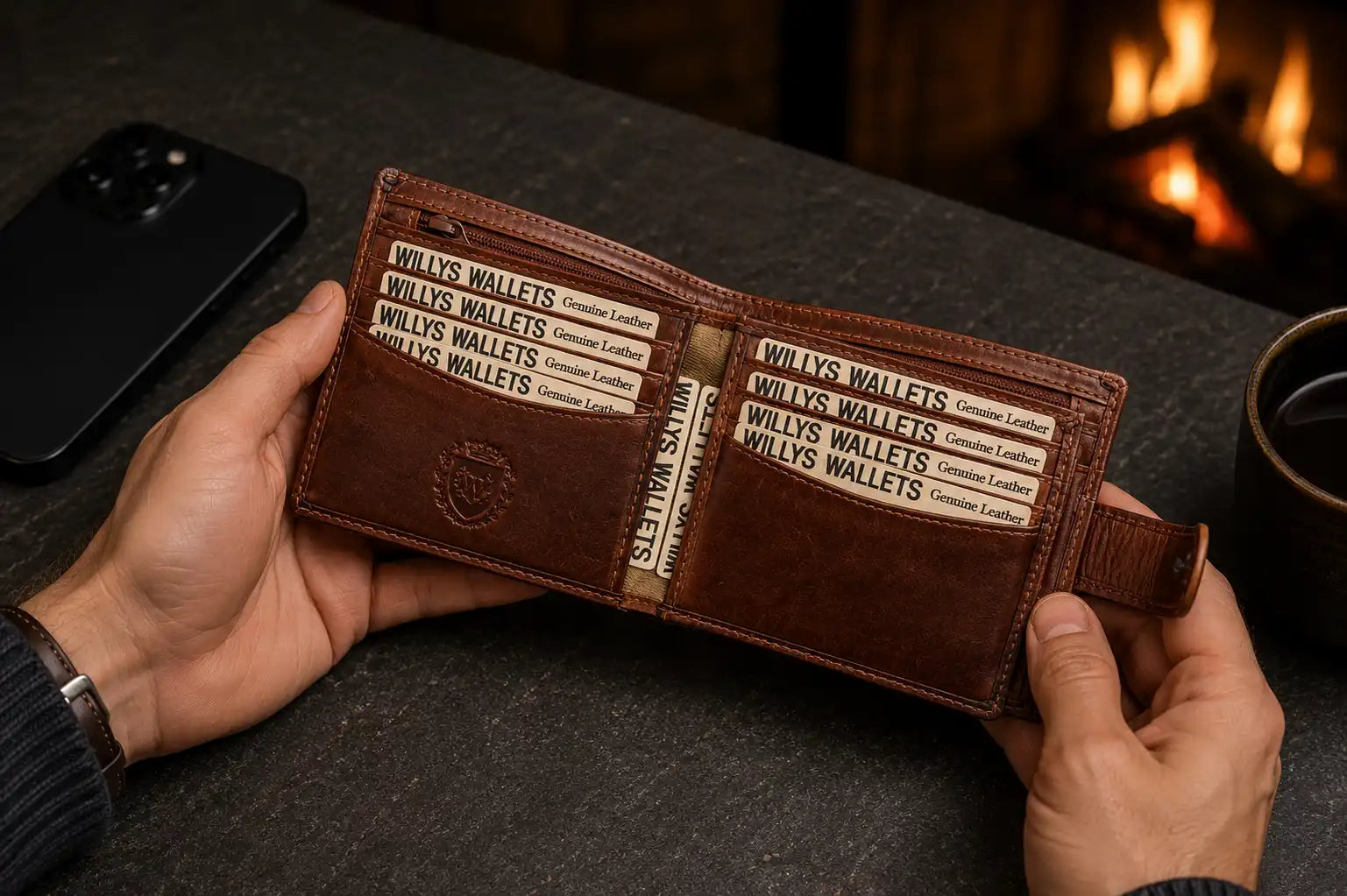 Personalised Cognac Leather Wallet – Bifold with Coin Pocket & RFID Card Slots