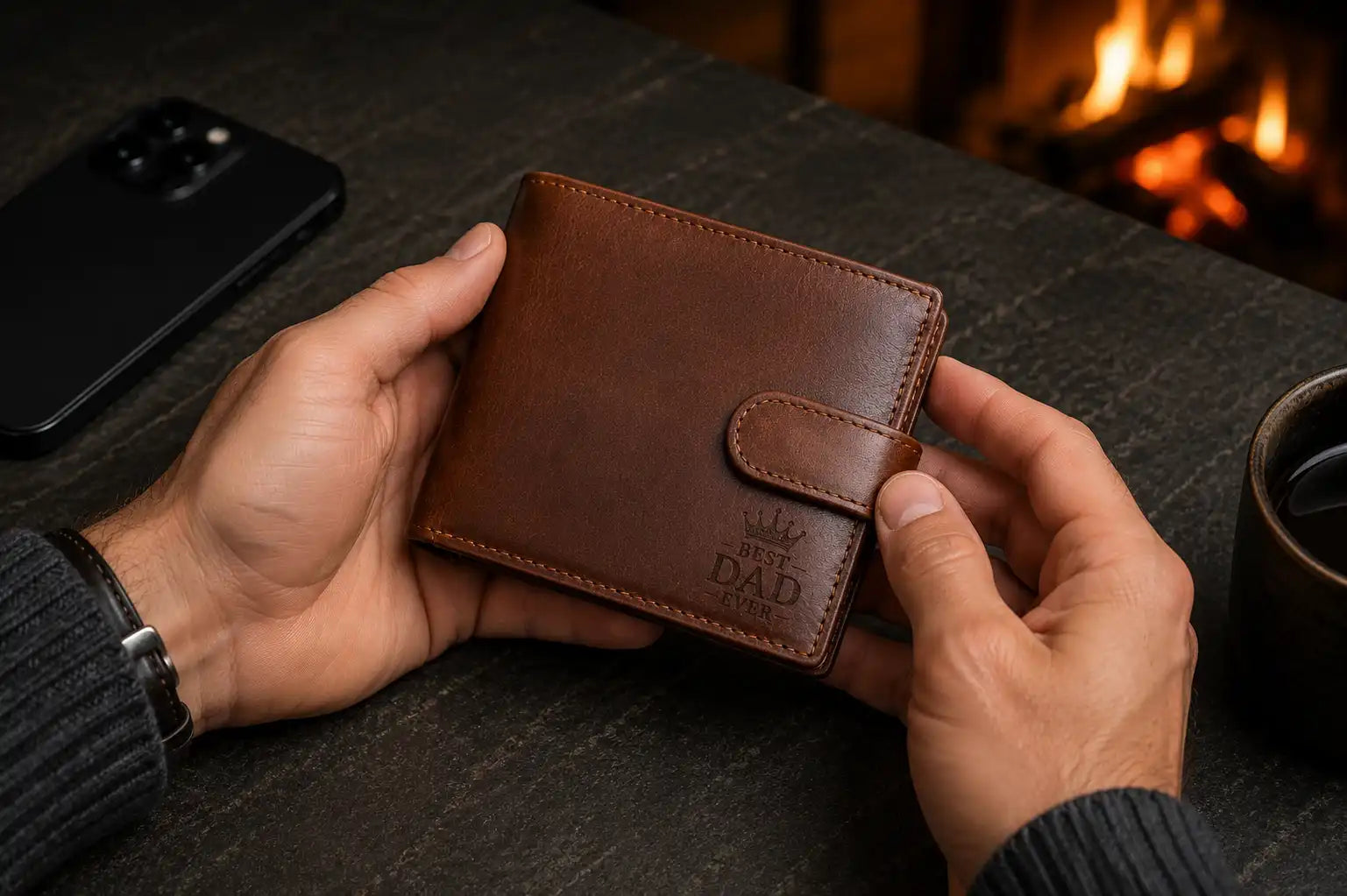 Personalised Cognac Leather Wallet – Bifold with Coin Pocket & RFID Card Slots