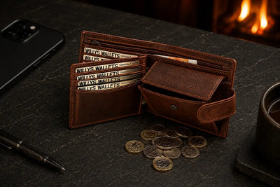 Personalised Cognac Leather Wallet – Bifold with Coin Pocket & RFID Card Slots