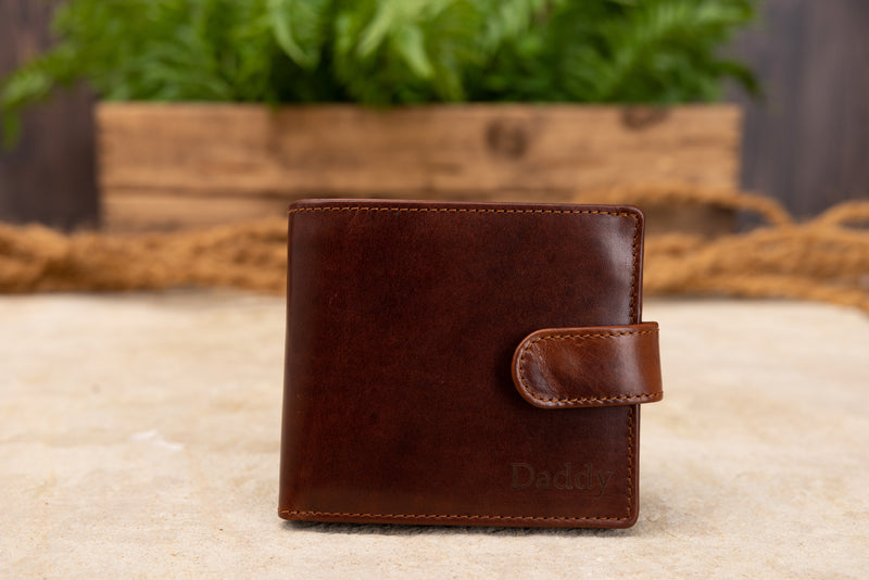 Personalised Engraved Cognac Bifold Leather Wallet With Coin Pocket & Credit Card Slots