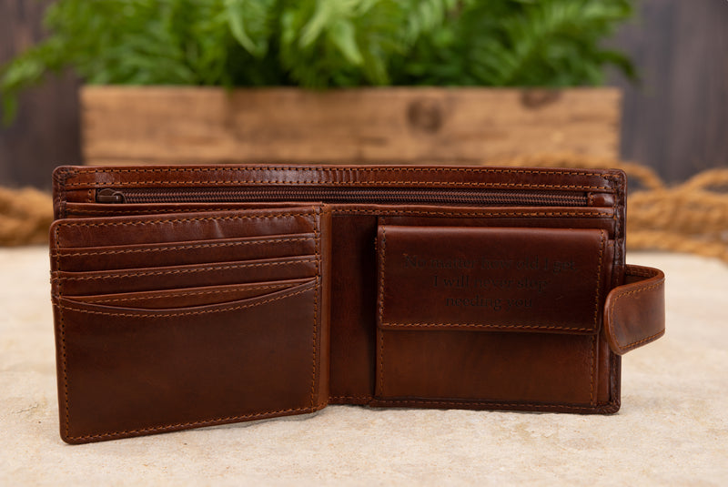 Personalised Engraved Cognac Bifold Leather Wallet With Coin Pocket & Credit Card Slots