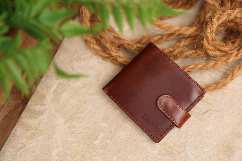 Personalised Engraved Cognac Bifold Leather Wallet With Coin Pocket & Credit Card Slots