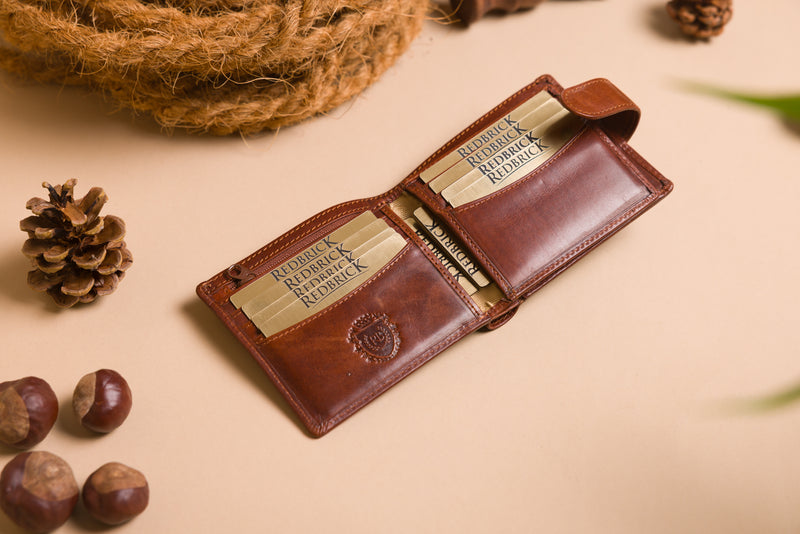 Personalised Engraved Cognac Bifold Leather Wallet With Coin Pocket & Credit Card Slots