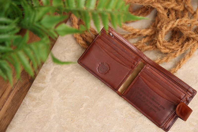 Personalised Engraved Cognac Bifold Leather Wallet With Coin Pocket & Credit Card Slots