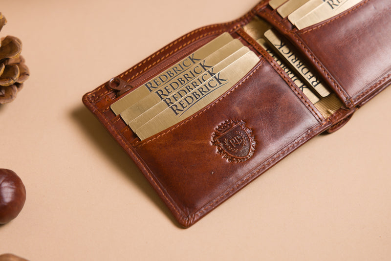 Personalised Engraved Cognac Bifold Leather Wallet With Coin Pocket & Credit Card Slots