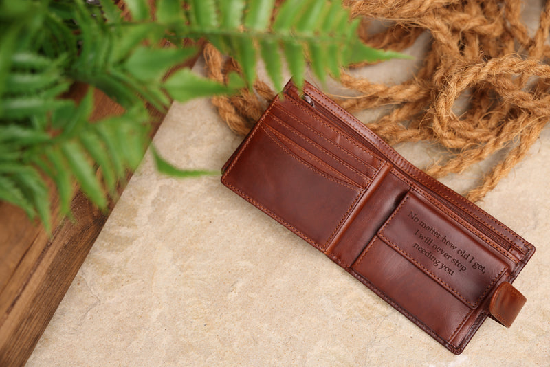 Personalised Engraved Cognac Bifold Leather Wallet With Coin Pocket & Credit Card Slots