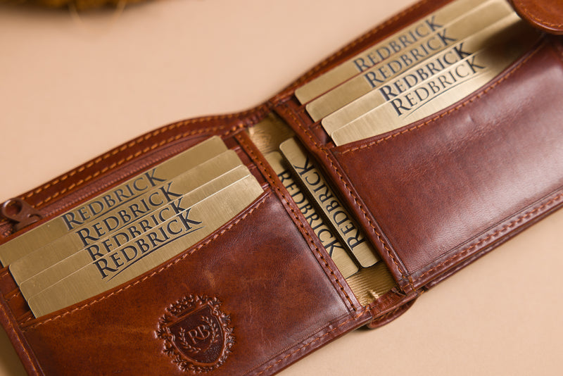 Personalised Engraved Cognac Bifold Leather Wallet With Coin Pocket & Credit Card Slots