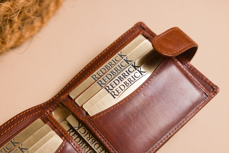 Personalised Engraved Cognac Bifold Leather Wallet With Coin Pocket & Credit Card Slots