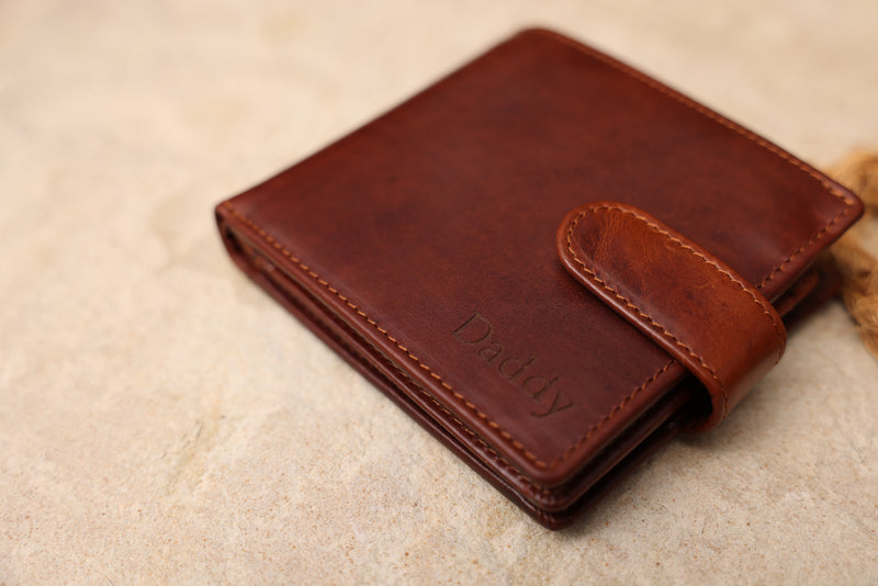 Personalised Engraved Cognac Bifold Leather Wallet With Coin Pocket & Credit Card Slots