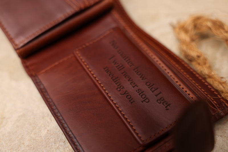 Personalised Engraved Cognac Bifold Leather Wallet With Coin Pocket & Credit Card Slots