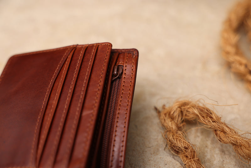 Personalised Engraved Cognac Bifold Leather Wallet With Coin Pocket & Credit Card Slots