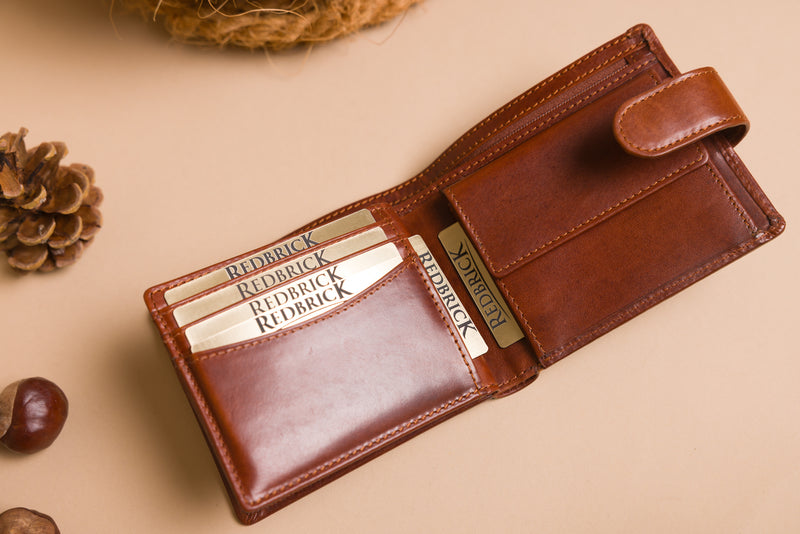 Personalised Engraved Cognac Bifold Leather Wallet With Coin Pocket & Credit Card Slots