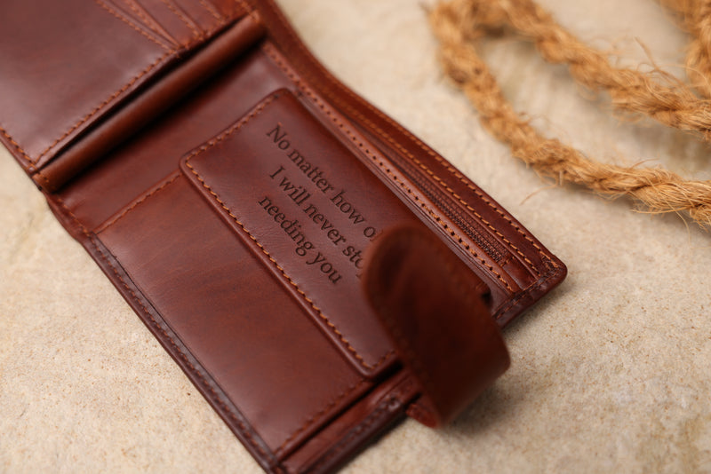 Personalised Engraved Cognac Bifold Leather Wallet With Coin Pocket & Credit Card Slots