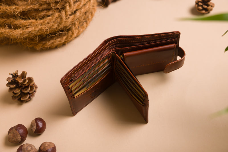 Personalised Engraved Cognac Bifold Leather Wallet With Coin Pocket & Credit Card Slots