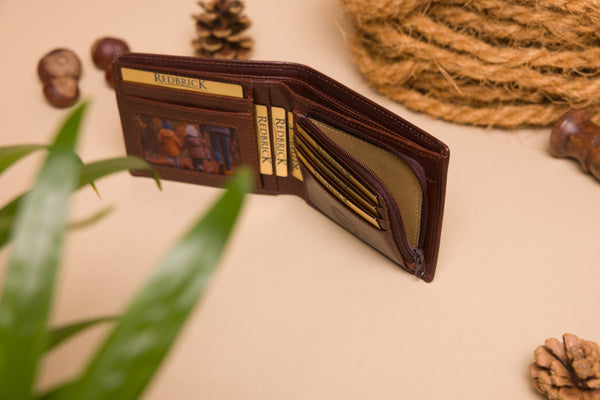 Personalised Engraved Bifold Dark Brown Leather Wallet With Zip Coin Pocket