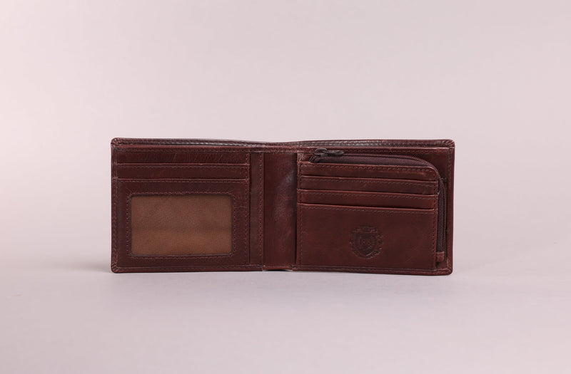 Personalised Engraved Bifold Dark Brown Leather Wallet With Zip Coin Pocket