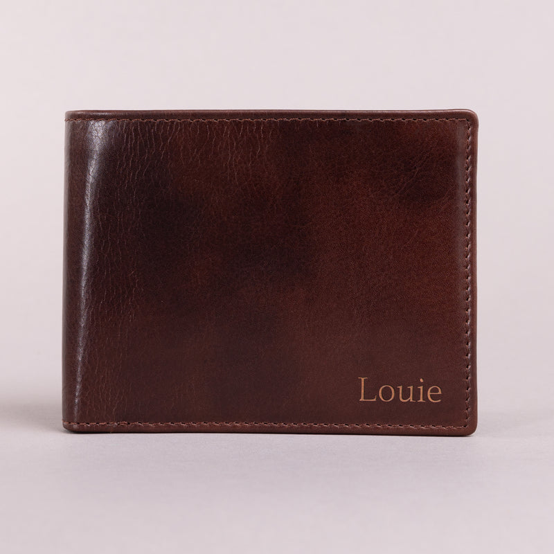 Personalised Engraved Bifold Dark Brown Leather Wallet With Zip Coin Pocket